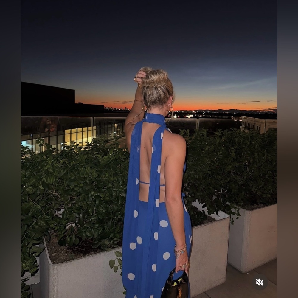Zara Blue Polka Dot Halter Dress scarf open back maxi long evening party wedding - Picture 6 of 13